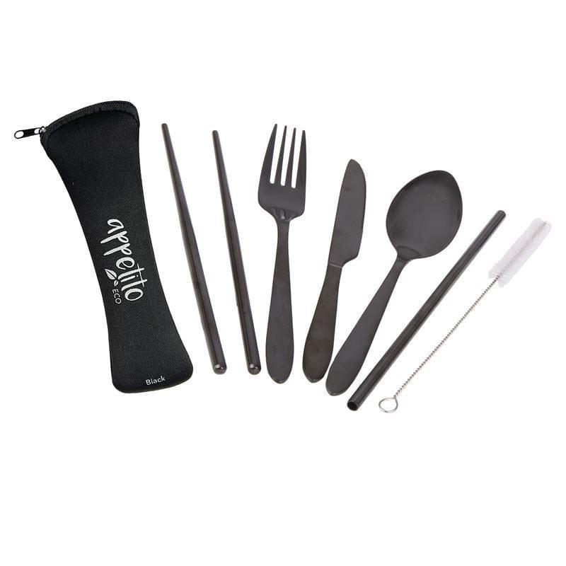 Appetito ? Stainless Steel Traveller?s Cutlery Set in Zippered Pouch Black-1826048823114469376