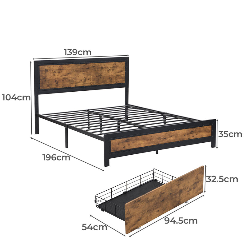 Levede Metal Bed Frame Double Mattress Base Platform Wooden 4 Drawers Rustic