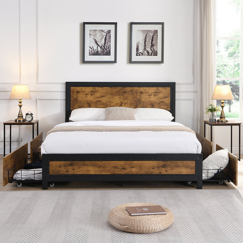 Levede Metal Bed Frame Queen Mattress Base Platform Wooden 4 Drawers Rustic