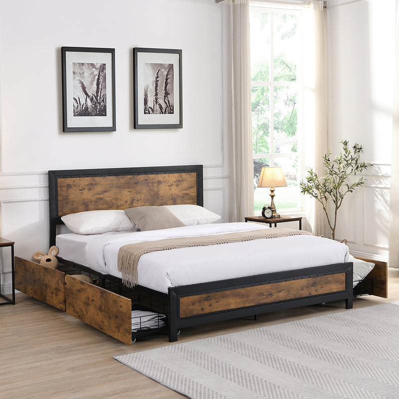 Levede Metal Bed Frame Double Mattress Base Platform Wooden 4 Drawers Rustic