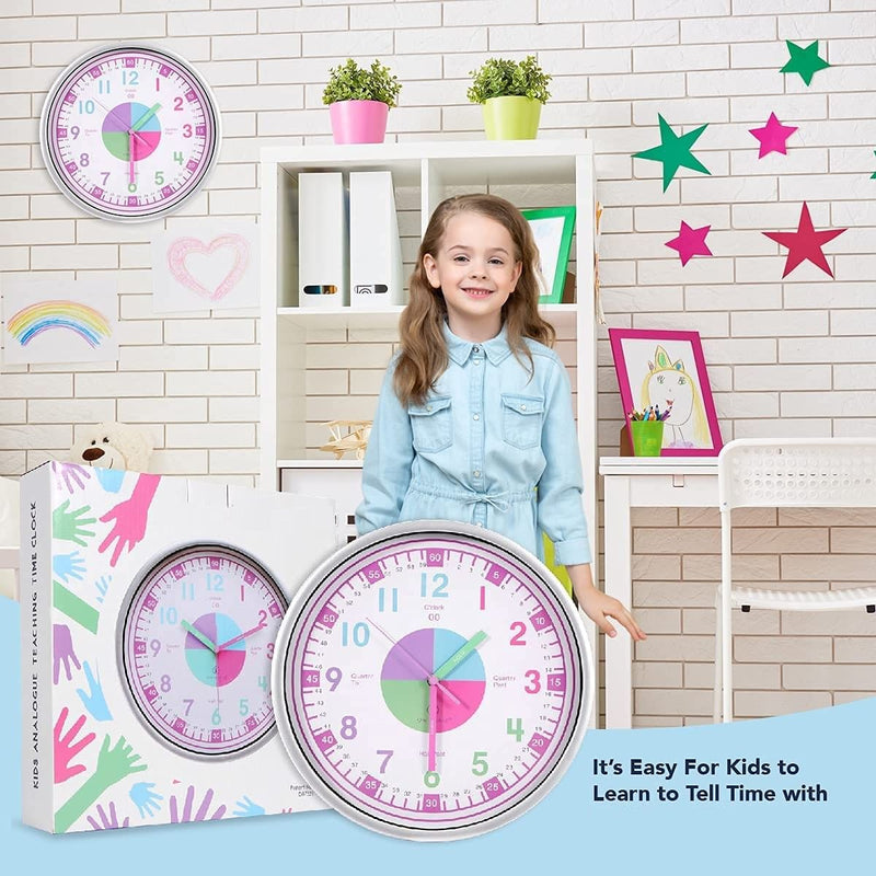 Telling Time Analogue Silent Wall Clock (Pink). Perfect Educational Tool for Homeschool, Classroom, Teachers and Parents