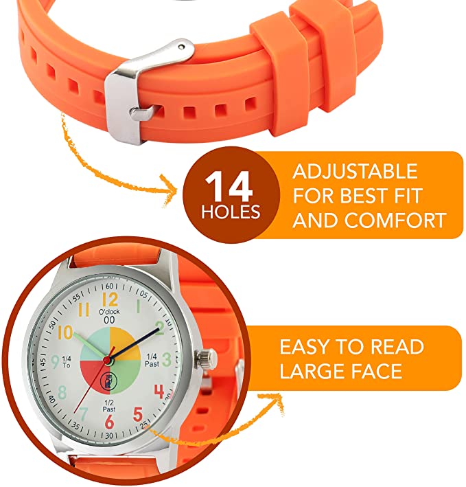 Analog Watches for Kids Telling Time Teaching Tool (Great for Boys and Girls Ages 5-15) - Orange