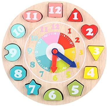 Wooden Shape Color Sorting Clock for Teaching Time Number for Kids (Montessori Early Learning Educational)