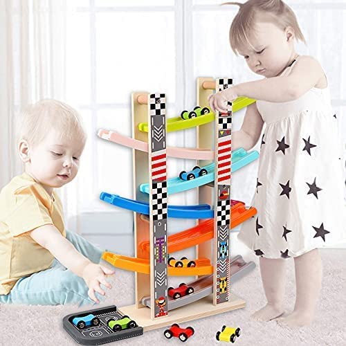 Car Ramp Racer Toy for Toddler - Baby Car Race Track Vehicle Playsets with 6 Wooden Race Cars, 1 Parking Garage, 3 Extra Bridges and 6 Car Ramps for Boys & Girls