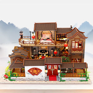 Dollhouse Miniature with Furniture Kit Plus Dust Proof and Music Movement - Tang Dinasty Town (1:24 Scale Creative Room Idea)