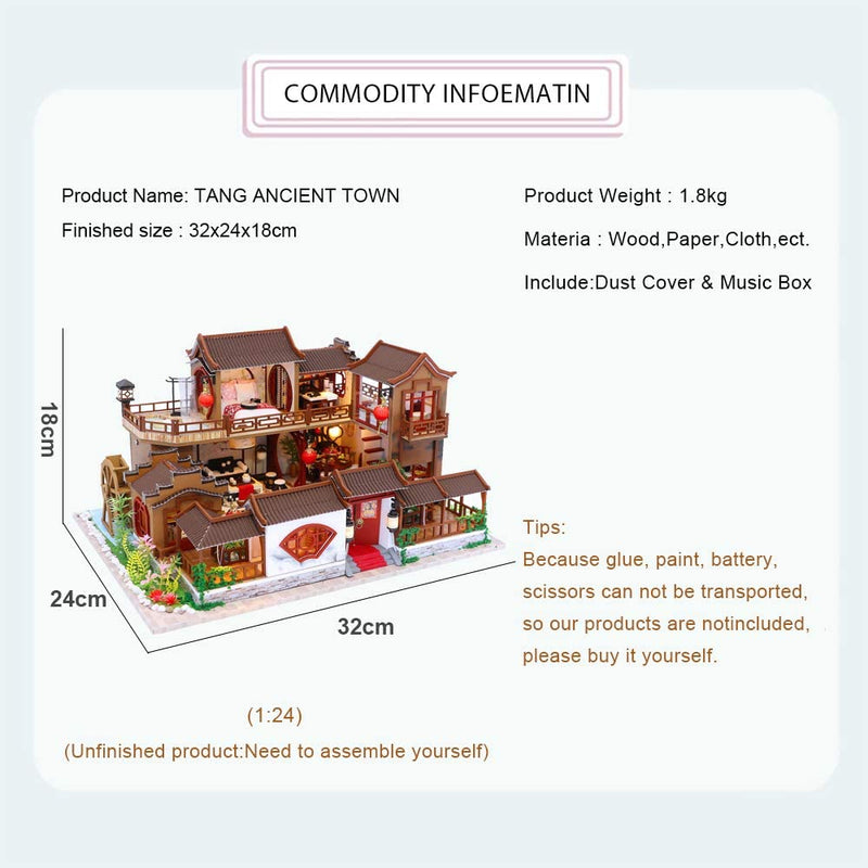 Dollhouse Miniature with Furniture Kit Plus Dust Proof and Music Movement - Tang Dinasty Town (1:24 Scale Creative Room Idea)