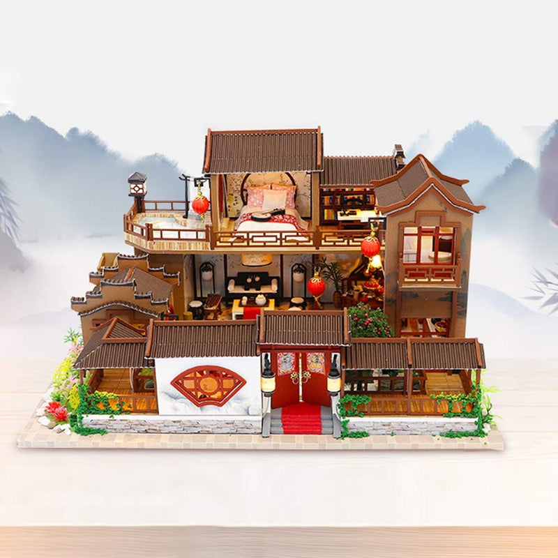 Dollhouse Miniature with Furniture Kit Plus Dust Proof and Music Movement - Tang Dinasty Town (1:24 Scale Creative Room Idea)