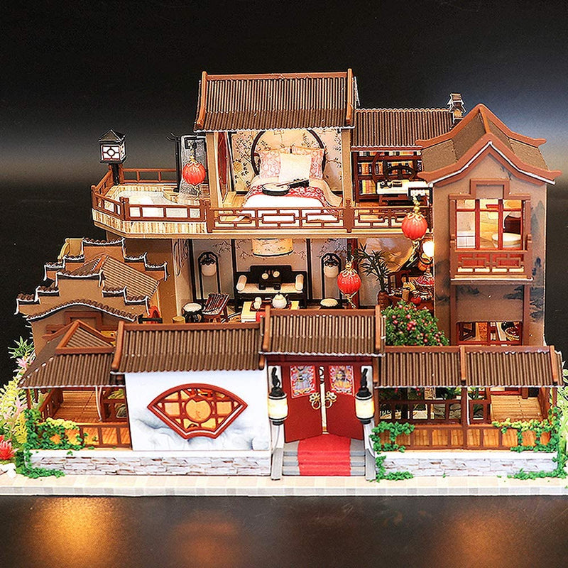 Dollhouse Miniature with Furniture Kit Plus Dust Proof and Music Movement - Tang Dinasty Town (1:24 Scale Creative Room Idea)