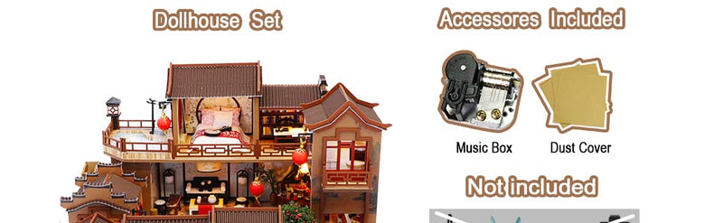 Dollhouse Miniature with Furniture Kit Plus Dust Proof and Music Movement - Tang Dinasty Town (1:24 Scale Creative Room Idea)