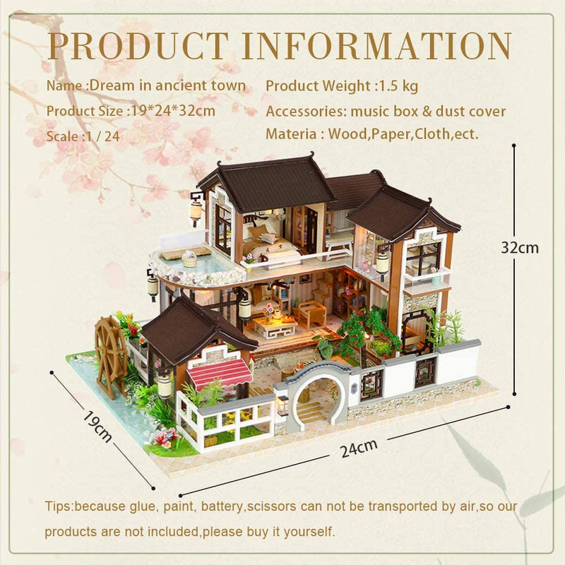 Dollhouse Miniature with Furniture Kit Plus Dust Proof and Music Movement - Chinese Style Courtyard (1:24 Scale Creative Room Idea)