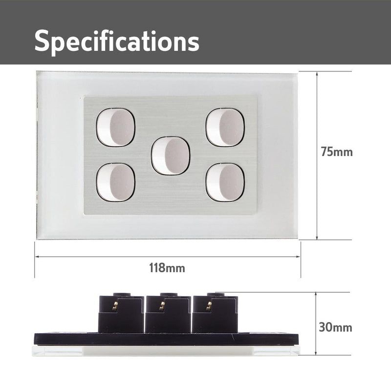 CLSOL VERTICAL WALL SWITCH 5 GANG 2 WAY WHITE GLASS FRAME