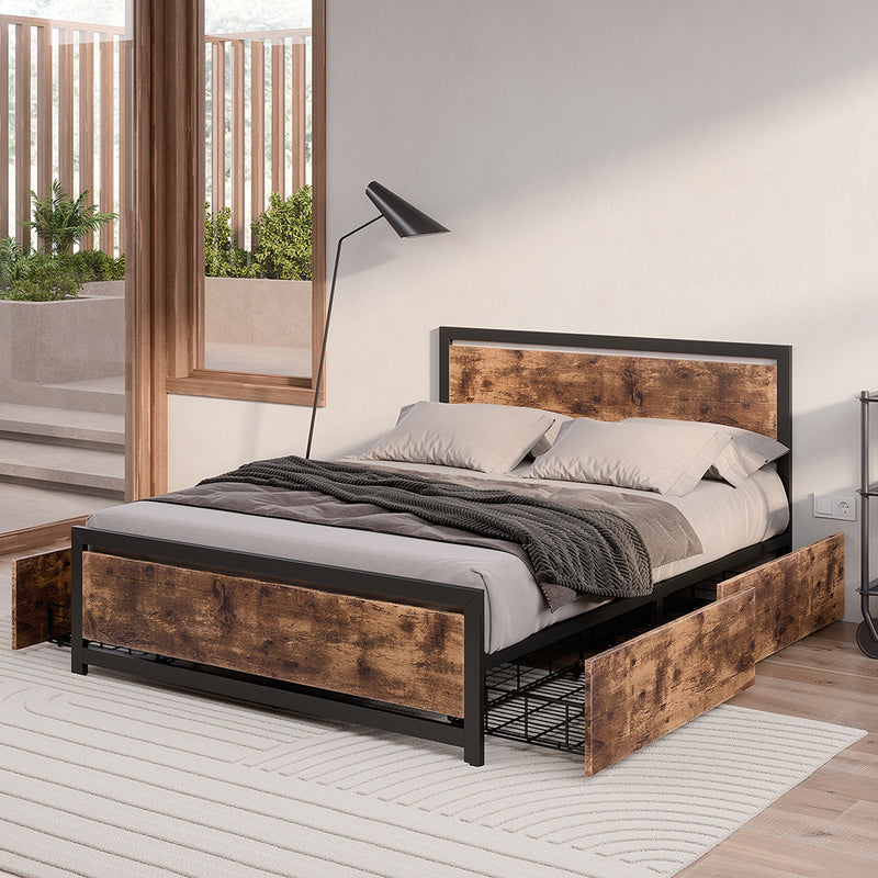 Levede Metal Bed Frame Queen Mattress Base Platform Wooden 4 Drawers Industrial