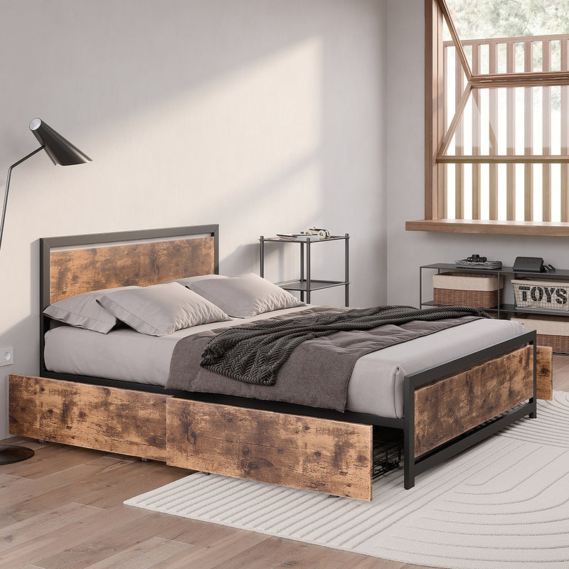 Levede Metal Bed Frame Double Mattress Base Platform Wooden 4 Drawers Industrial