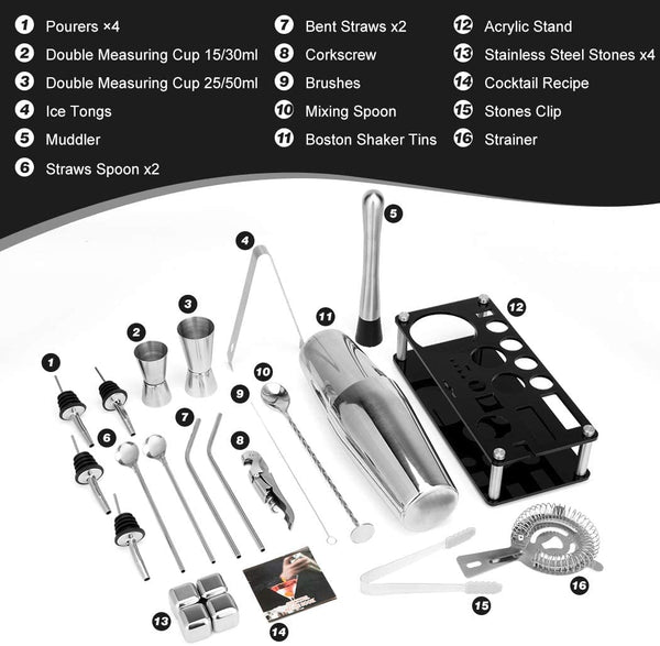 VIKUS Cocktail Shaker Set Boston 23-Piece Stainless Steel and Professional Bar Tools for Drink Mixing