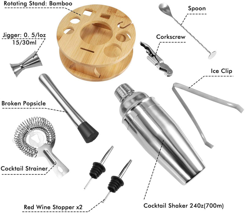 VIKUS Cocktail Shaker Set Bartender Kit with Rotating Bamboo and 10-Piece Stainless Steel Bar Tool Set