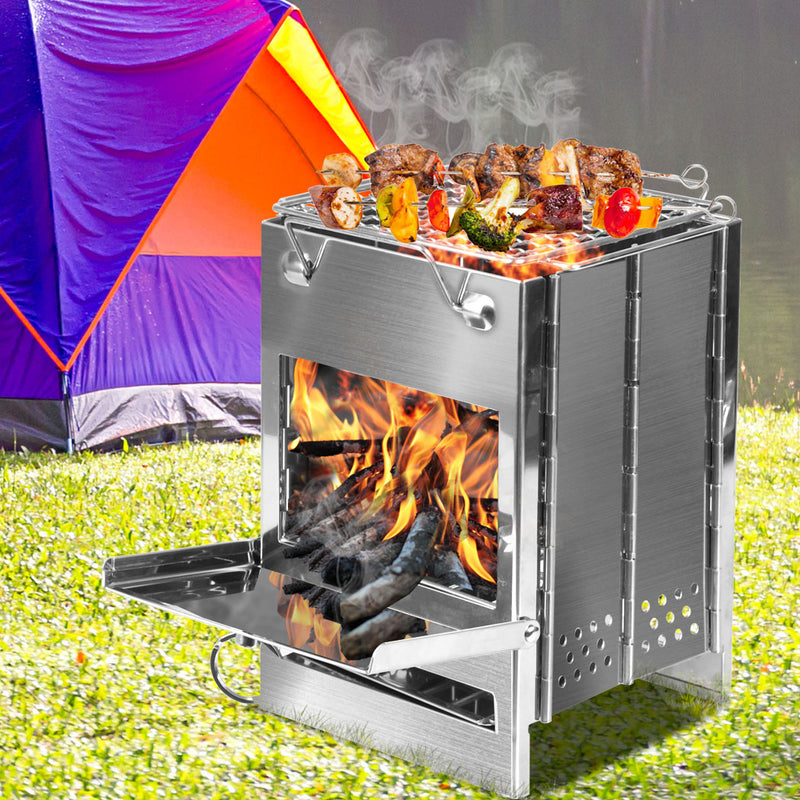 Camp Stove Folding Wood BBQ Grill Stainless Steel Portable Outdoor Camping Small