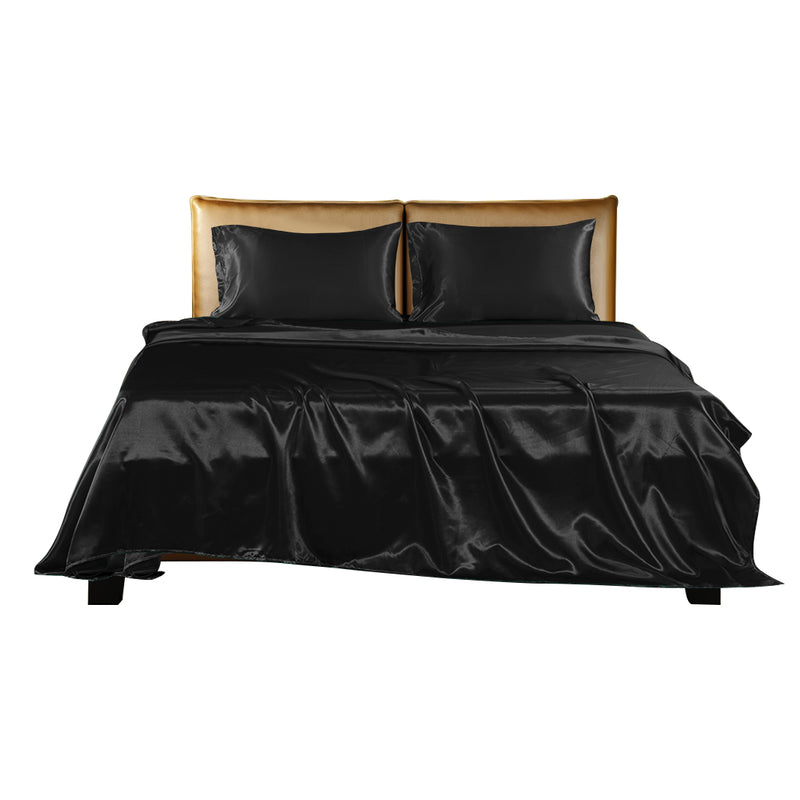 DreamZ Silky Satin Sheets Fitted Bed Sheet Pillowcases Summer King Single Black