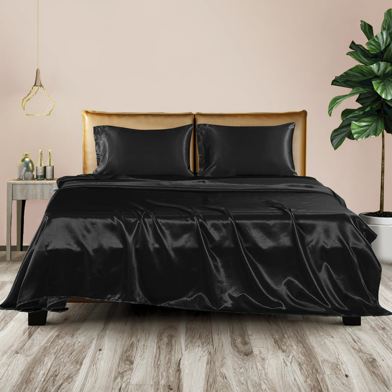 DreamZ Silky Satin Sheets Fitted Bed Sheet Pillowcases Summer King Single Black