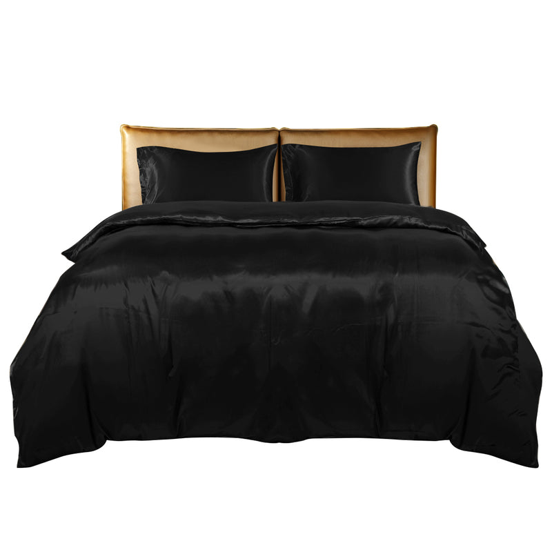 DreamZ Silky Satin Quilt Cover Set Bedspread Pillowcases Summer Queen Black