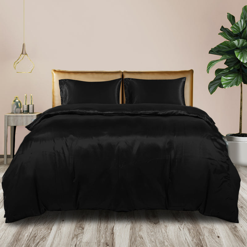 DreamZ Silky Satin Quilt Cover Set Bedspread Pillowcases Summer Queen Black