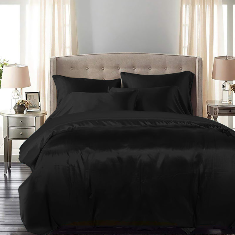 DreamZ Silky Satin Quilt Cover Set Bedspread Pillowcases Summer Queen Black