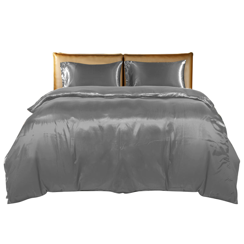 DreamZ Silky Satin Quilt Cover Set Bedspread Pillowcases Summer Queen Grey