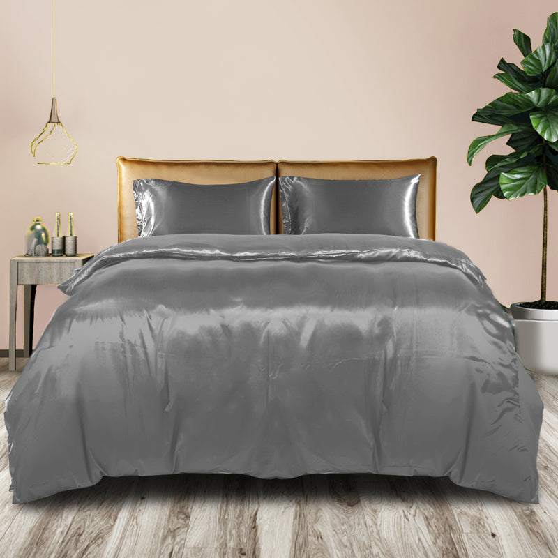 DreamZ Silky Satin Quilt Cover Set Bedspread Pillowcases Summer Queen Grey