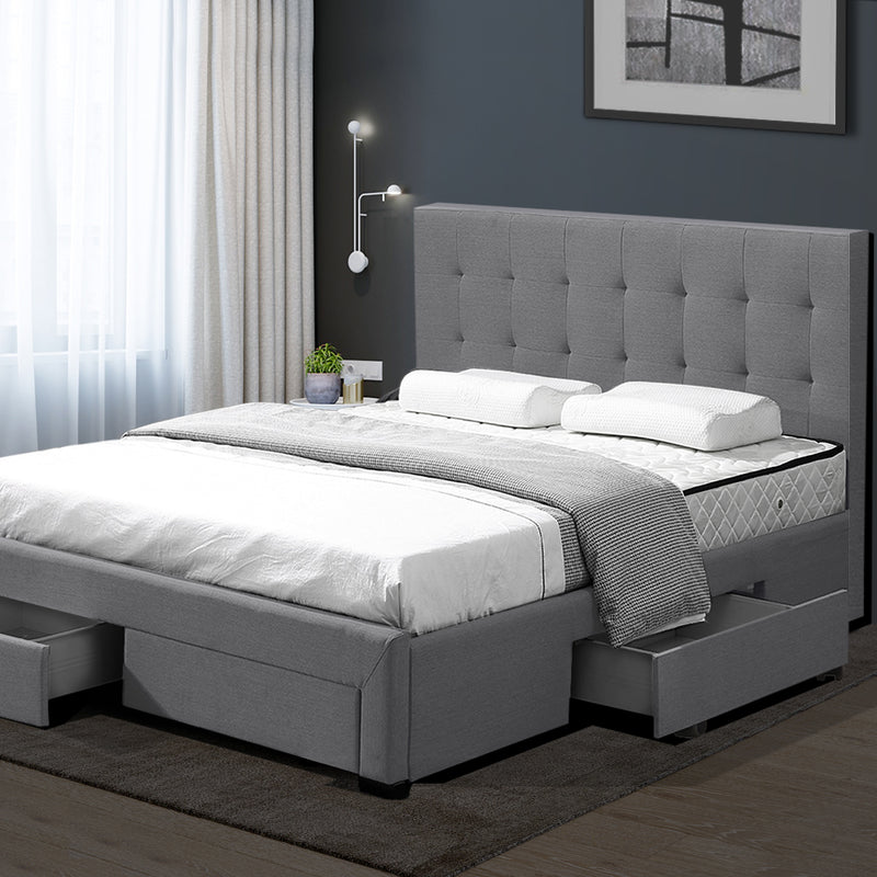 Levede Bed Frame King Fabric With Drawers Storage Wooden Mattress Grey