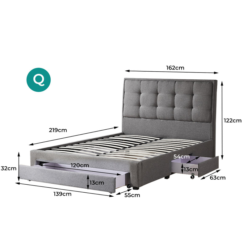 Levede Storage Bed Frame Queen Size Base with Three Drawers Linen Cotton Grey