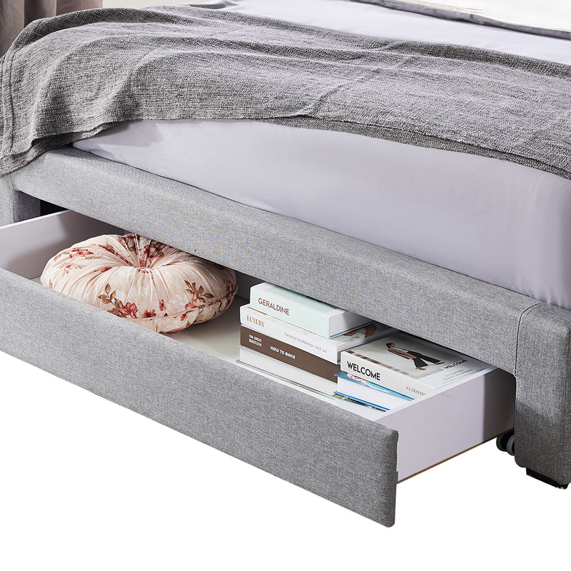 Levede Storage Bed Frame Queen Size Base with Three Drawers Linen Cotton Grey