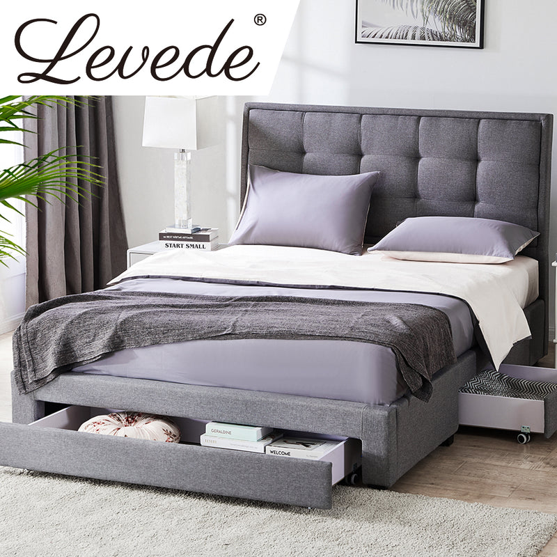 Levede Storage Bed Frame Queen Size Base with Three Drawers Linen Cotton Grey