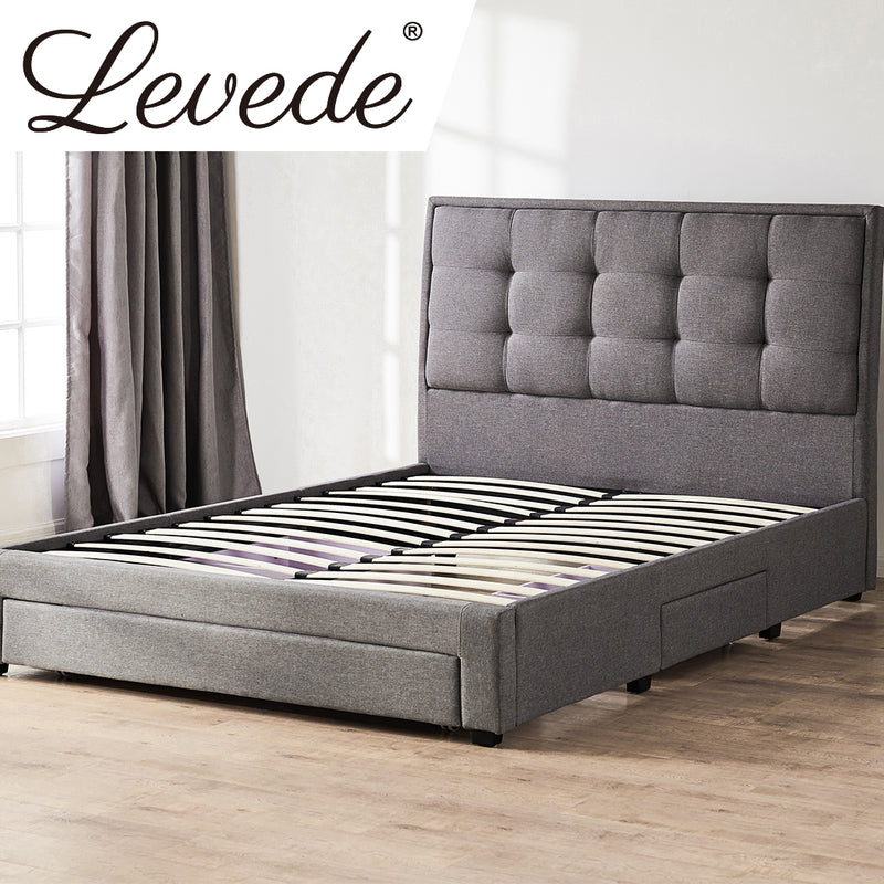 Levede Storage Bed Frame Queen Size Base with Three Drawers Linen Cotton Grey