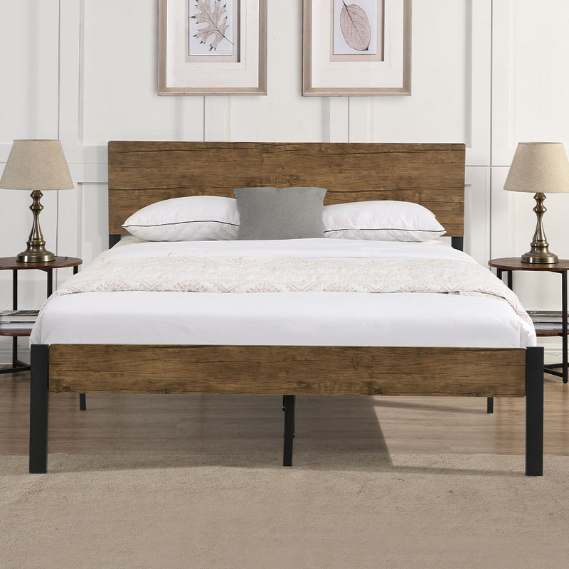 Levede Metal Bed Frame Queen Size Mattress Base Platform Wooden Headboard Brown