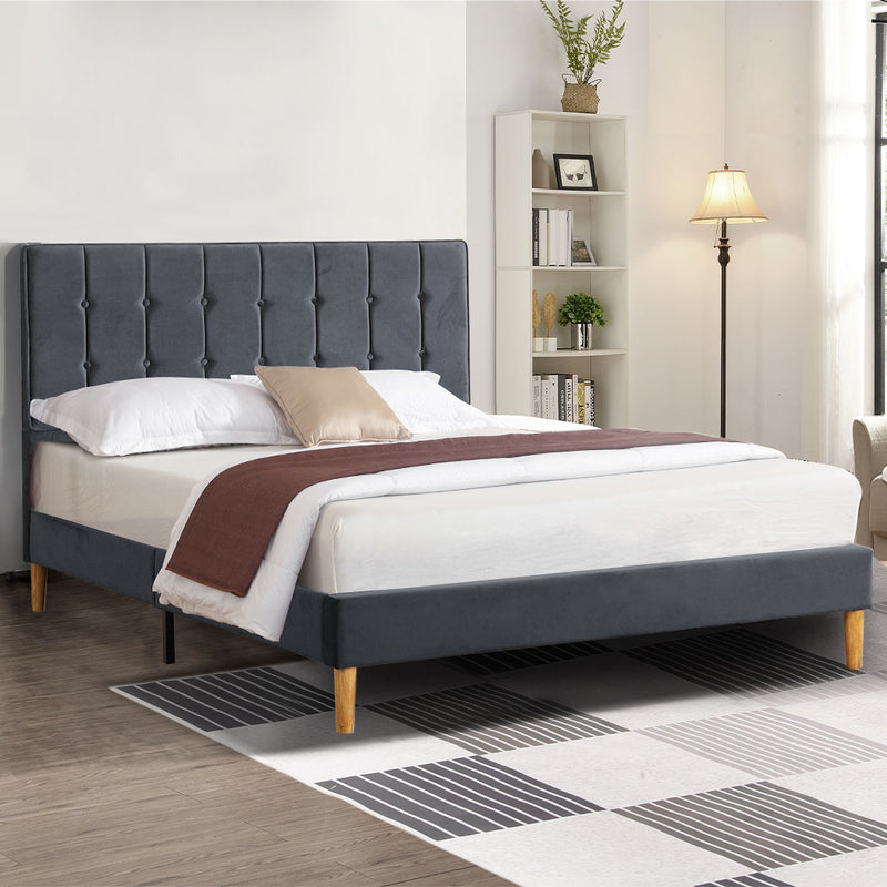 Levede Bed Frame Queen Size Mattress Base Platform Wooden Velevt Headboard Grey