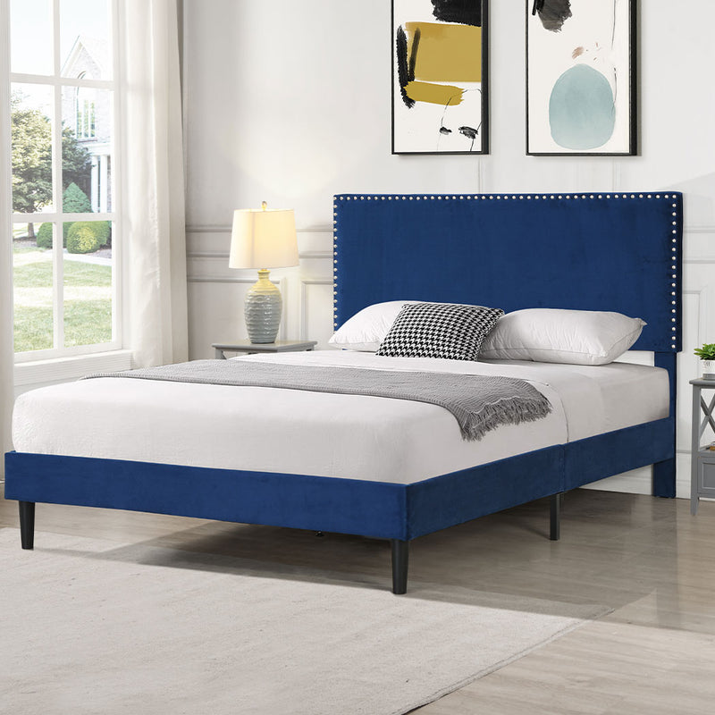 Levede Bed Frame Double Size Mattress Base Platform Wooden Velevt Headboard Blue