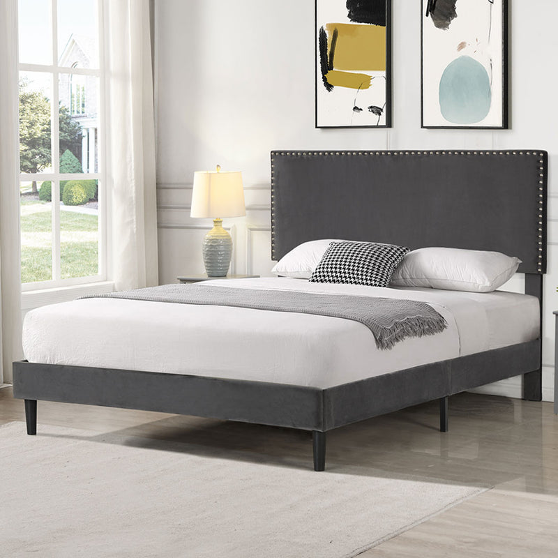 Levede Bed Frame Queen Size Mattress Base Platform Wooden Velevt Headboard Grey