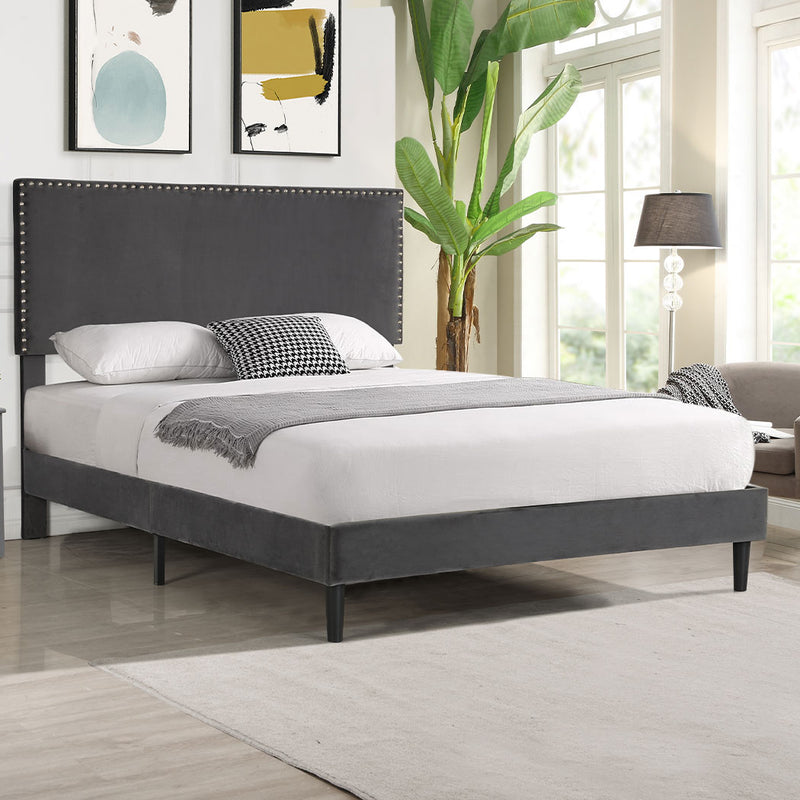 Levede Bed Frame Queen Size Mattress Base Platform Wooden Velevt Headboard Grey