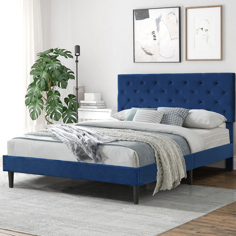 Levede Bed Frame Queen Size Mattress Base Platform Wooden Velevt Headboard Blue