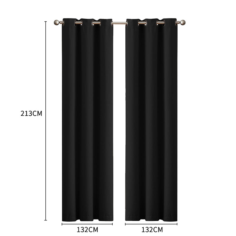 2x Blockout Curtains Panels 3 Layers Eyelet Room Darkening 132x213cm Black