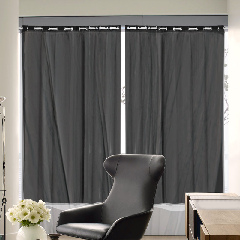 2x Blockout Curtains Panels 3 Layers with Gauze Room Darkening 300x230cm Black