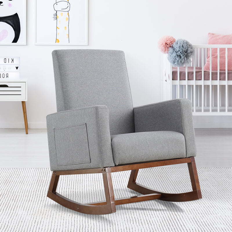 Nursing Baby Feeding Rocking Chair Linen Fabirc Solid Wood Frame Grey