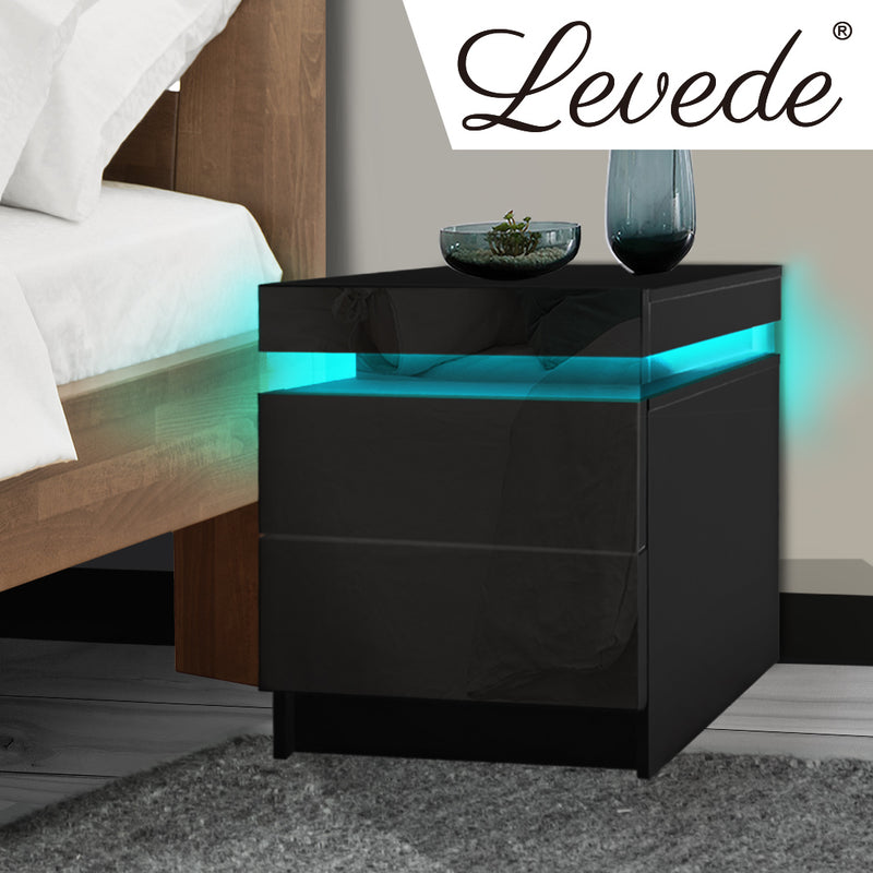 Levede Bedside Tables Drawers RGB LED Side Table High Gloss Nightstand Cabinet