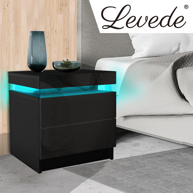 Levede Bedside Tables Drawers RGB LED Side Table High Gloss Nightstand Cabinet