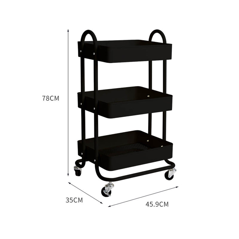 3 Tiers Kitchen Trolley Cart Steel Storage Rack Shelf Organiser Wheels Black