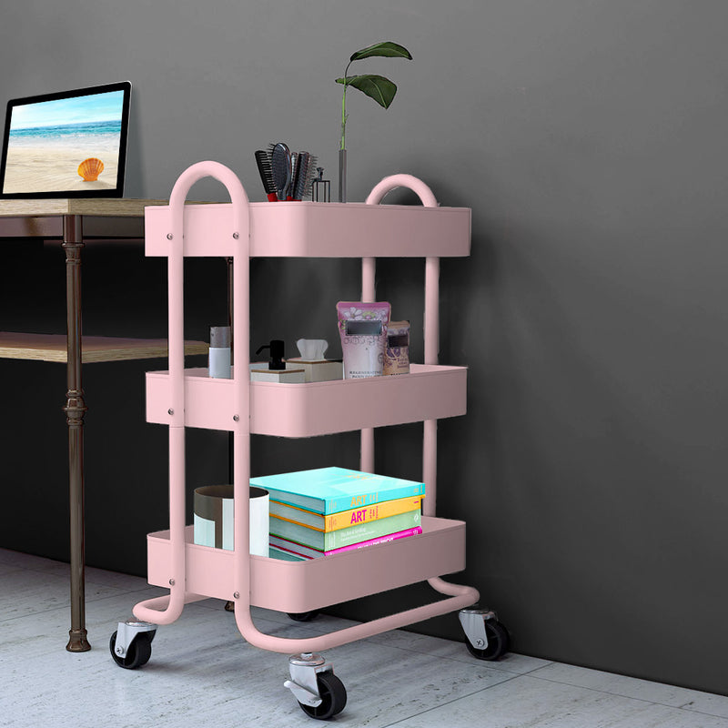 3 Tiers Kitchen Trolley Cart Steel Storage Rack Shelf Organiser Wheels Pink