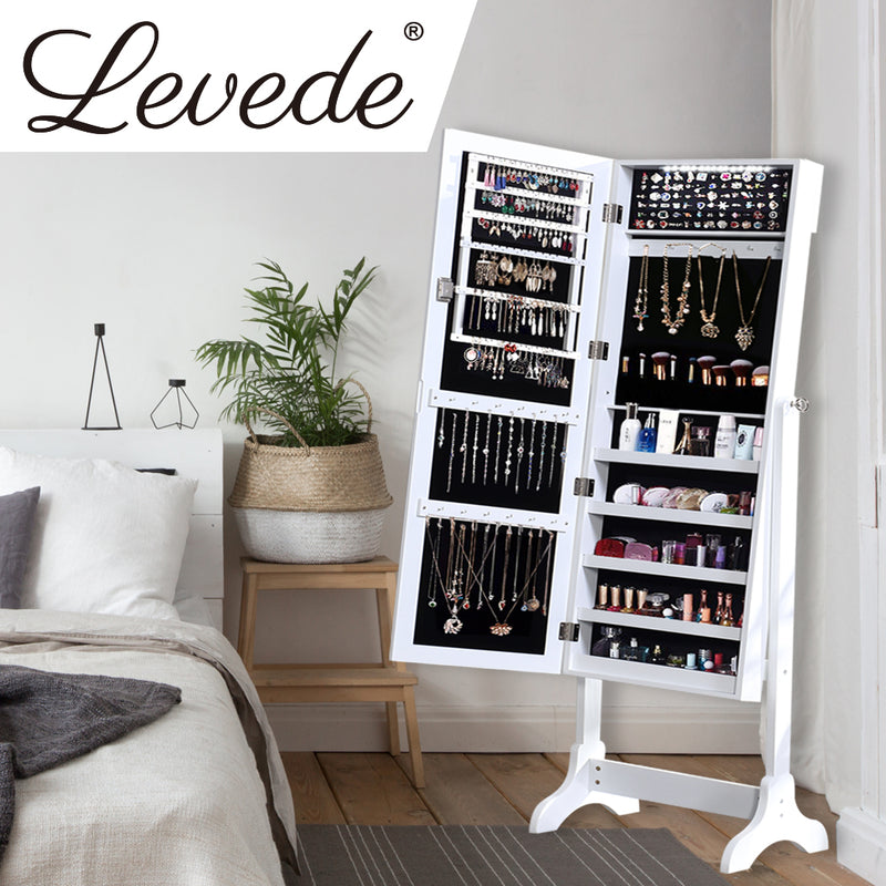 Levede Dual Use Mirrored Jewellery Dressing Cabinet with LED Light White Colour