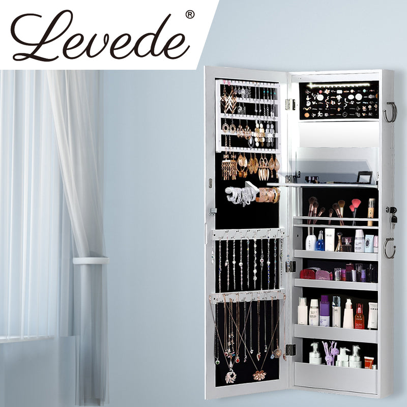 Levede Wall Mounted or Hang Over Mirror Jewellery Cabinet with LED Light White