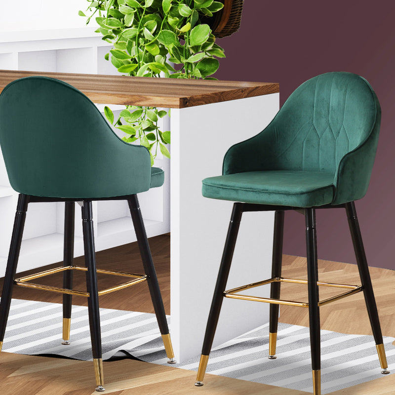 2x Bar Stools Stool Kitchen Chairs Swivel Velvet Barstools Vintage Green