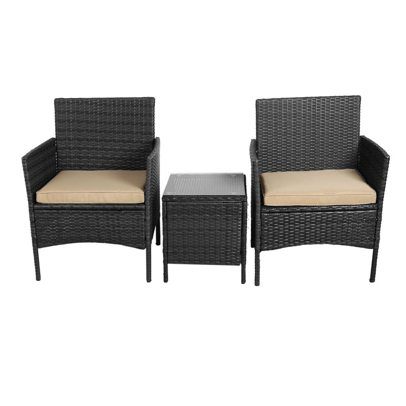 Outdoor Furniture Set Patio Garden 3 Pcs Chair Table Rattan Wicker Cushion Seat Black