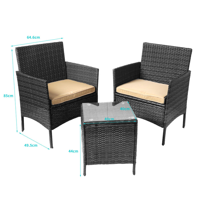 Outdoor Furniture Set Patio Garden 3 Pcs Chair Table Rattan Wicker Cushion Seat Black